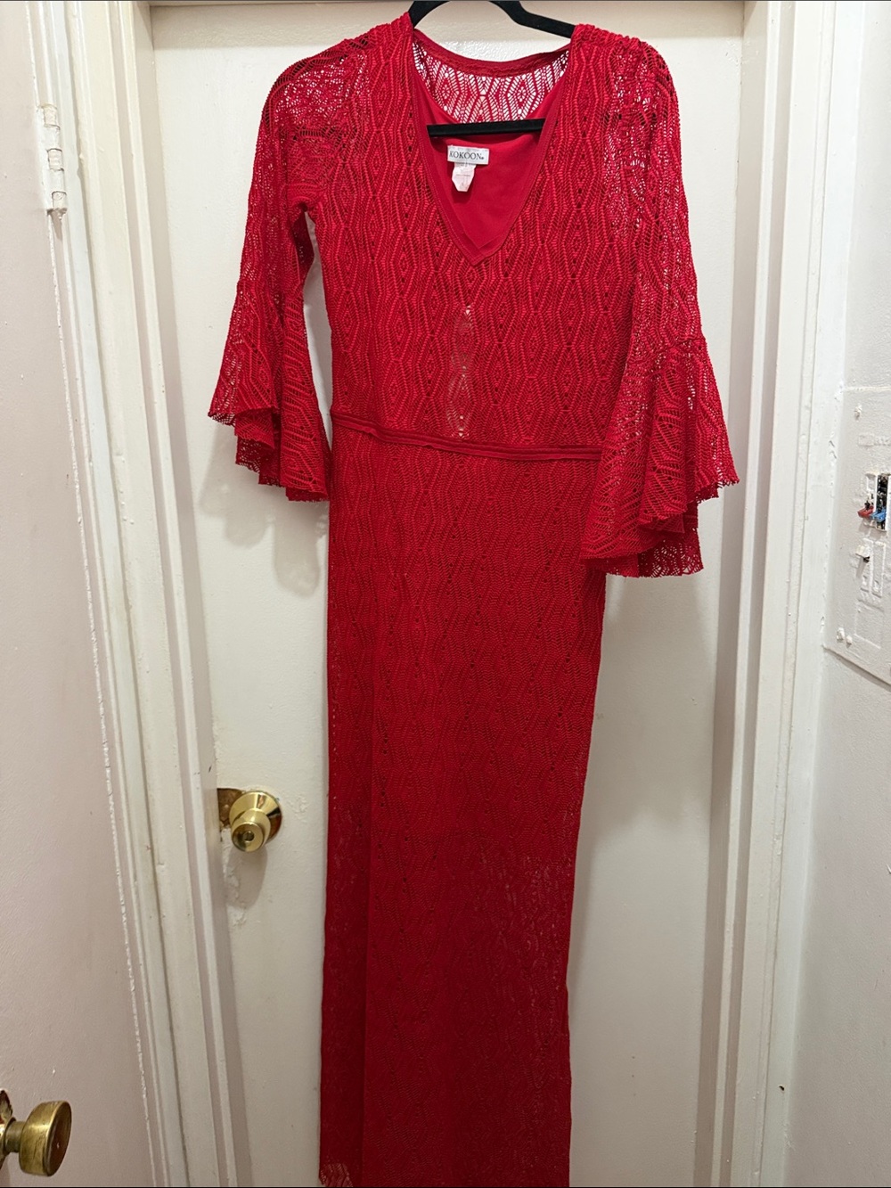 Red Lace V-Neck Maxi Dress with Bell Sleeves